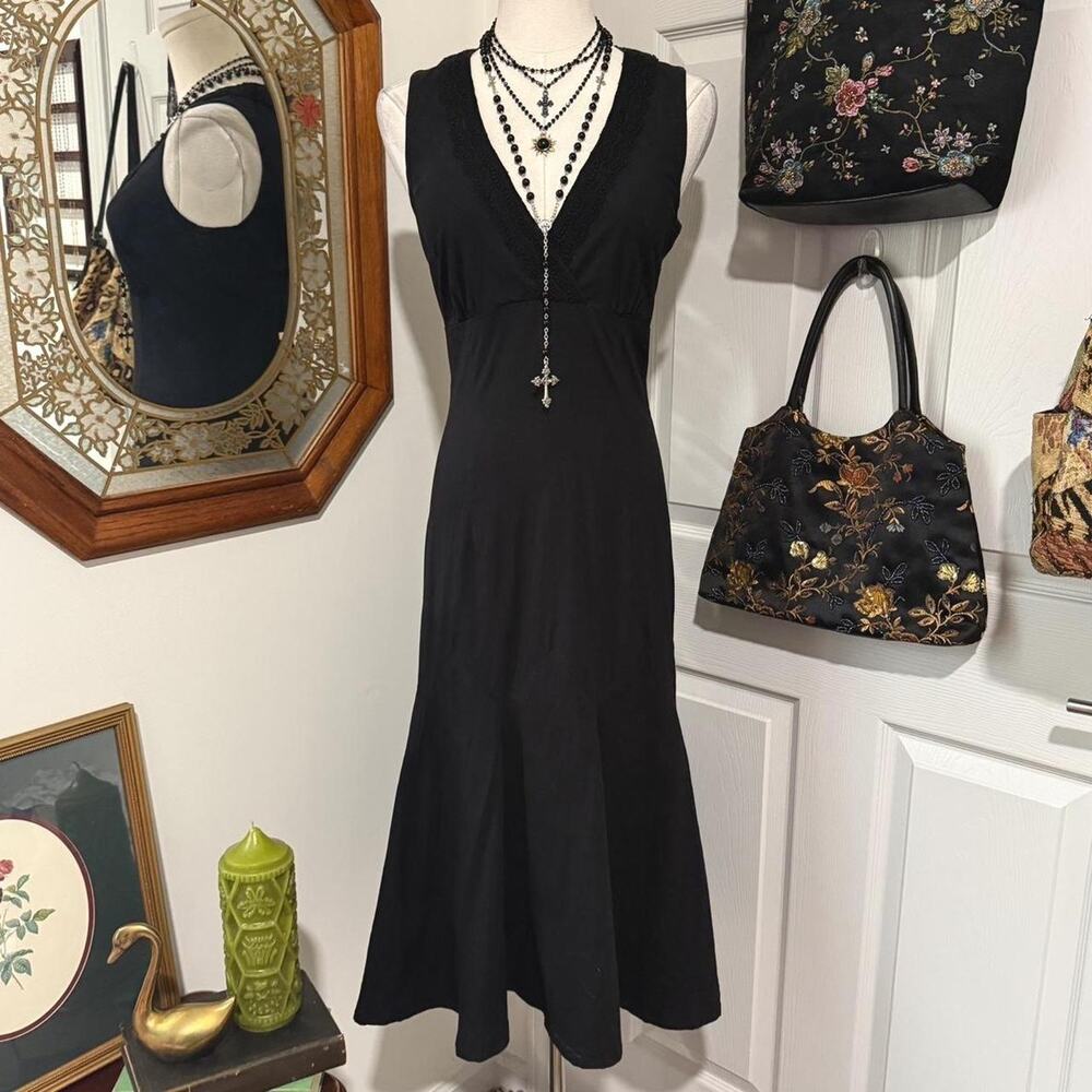 VTG Y2K Express Black Linen & Cotton Blend Sleeveless Mermaid Hem Midi Dress